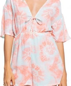 Roxy Women's Chill August V-Neck Coverup Romper For Women Peach Tie Dye