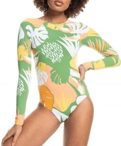 Roxy Women's All Over Print Long Sleeve Onesie Rashguard For Women Turf Green