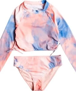 Roxy Girls' Malibu Story Long Sleeve Lycra Crop Top Swim Set For Girls' Tropical Peach